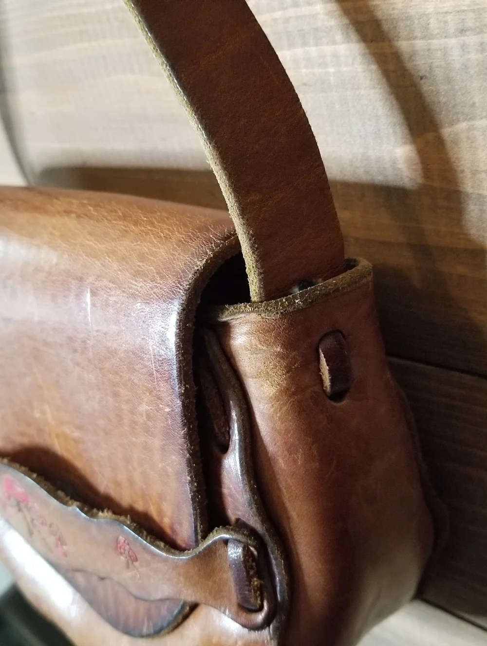 Vtg 70s Tooled Leather Mushroom Boho Saddle Bag Hippy Distressed Purse. - Picture 5 of 16